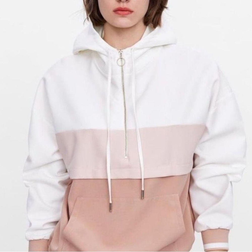 Zara Colorblock Hoodie Sweatshirt Women's Quarter Zip White Pink Pullover 0161